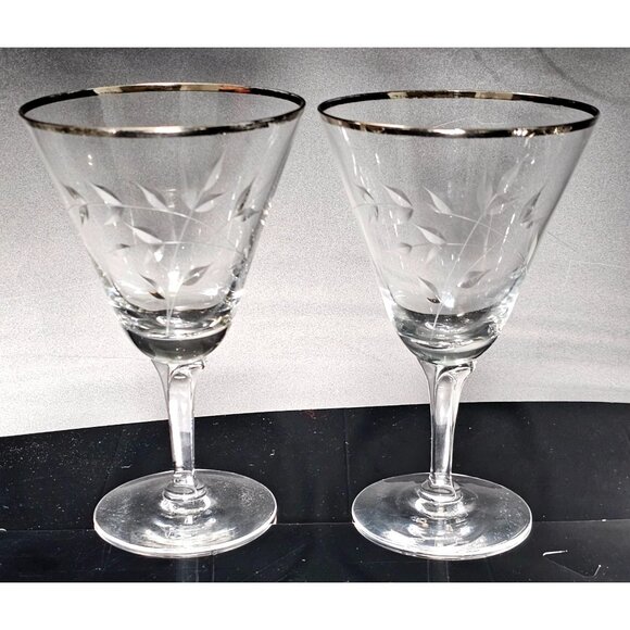 Fostoria Other - 2 Fostoria Bridal Belle Water Goblet 6.25" platinum band cut glass floral stems
